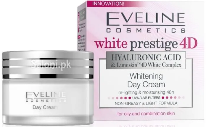 Kem Eveline Cosmetics White Prestige 4D Whitening ứng dụng công nghệ Lumiskin™ 4D ưu việt kết hợp với hoạt chất dưỡng ẩm sâu Hyaluronic acid và Lipomoist (ảnh: internet).