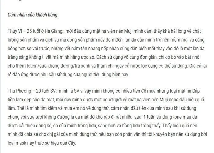 Đánh giá khách hàng sau khi sử dụng mặt nạ nén Muji (Nguồn: Internet)