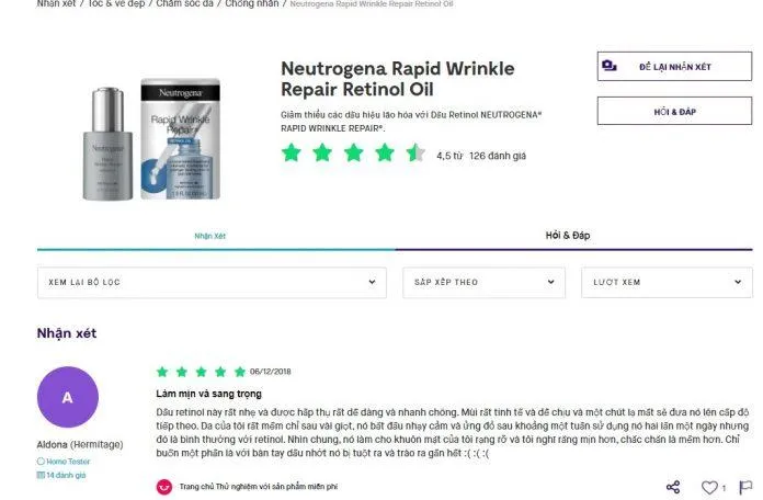 Bình luận của khách hàng đã sử dụng Neutrogena Rapid Wrinkle Repair Retinol Oil (Nguồn: Blogphunu.edu.vn)