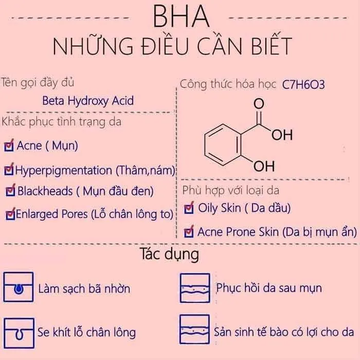 BHA- Beta Hydroxy Acid là một loại tẩy tế bào chết hóa học tan tốt trong dầu ( Nguồn: internet)