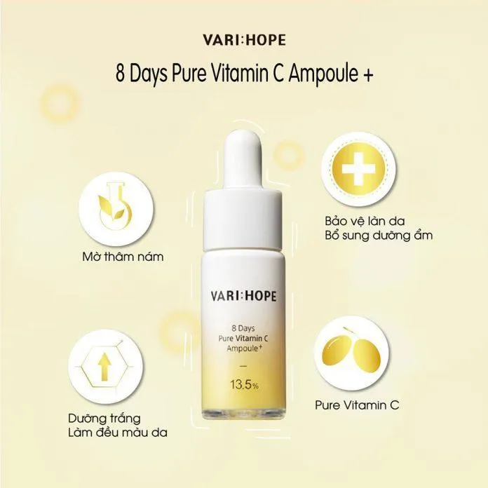 Serum dưỡng trắng da Varihope 8 Days Pure Vitamin C Ampoule Plus với Glutathione và 13,5% Vitamin C giúp dưỡng sáng da ( Nguồn: internet)