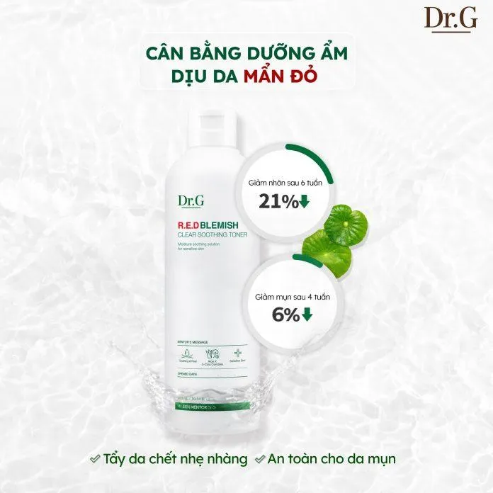 Nước cân bằng Dr.G R.E.D Blemish có tác dụng tẩy da chết giúp da mịn màng và mềm mại (nguồn: internet)