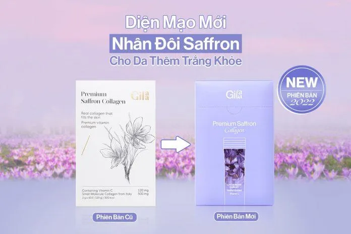 Bao bì của bột uống collagen Gilaa Premium Saffron Collagen được thay đổi nắm bắt xu hướng mới mẻ, hiện đại hơn (nguồn: internet)