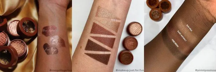 Ảnh swatch trên tay Phấn mắt lẻ Super Shock Shadow trên 3 màu da (Nguồn: colourpop.com)