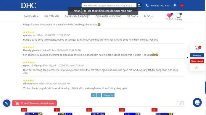Đánh giá trên website của DHC Việt Nam về công dụng sản phẩm.