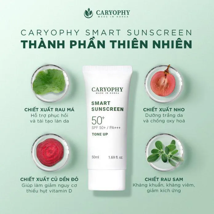 Kem chống nắng Caryophy Smart Sunscreen chứa những thành phần lành tính giúp nuôi dưỡng da hiệu quả (Nguồn: Internet).