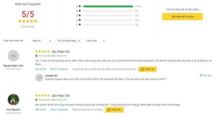 Đánh giá của khách hàng tại Tiki