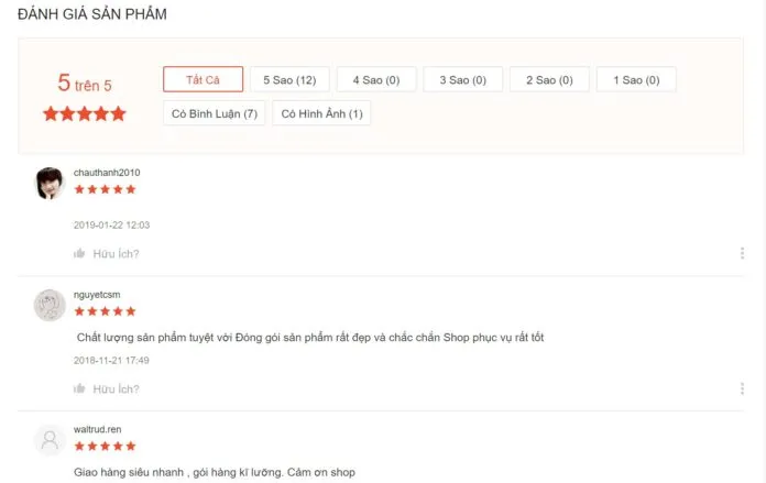 Đánh giá của khách hàng tại Shopee