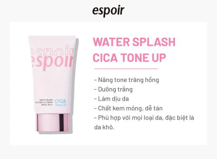 Kem chống nắng Espoir Water Splash Cica Tone Up giúp nâng tone và làm đều màu da hiệu quả (Nguồn: Blogphunu.edu.vn)