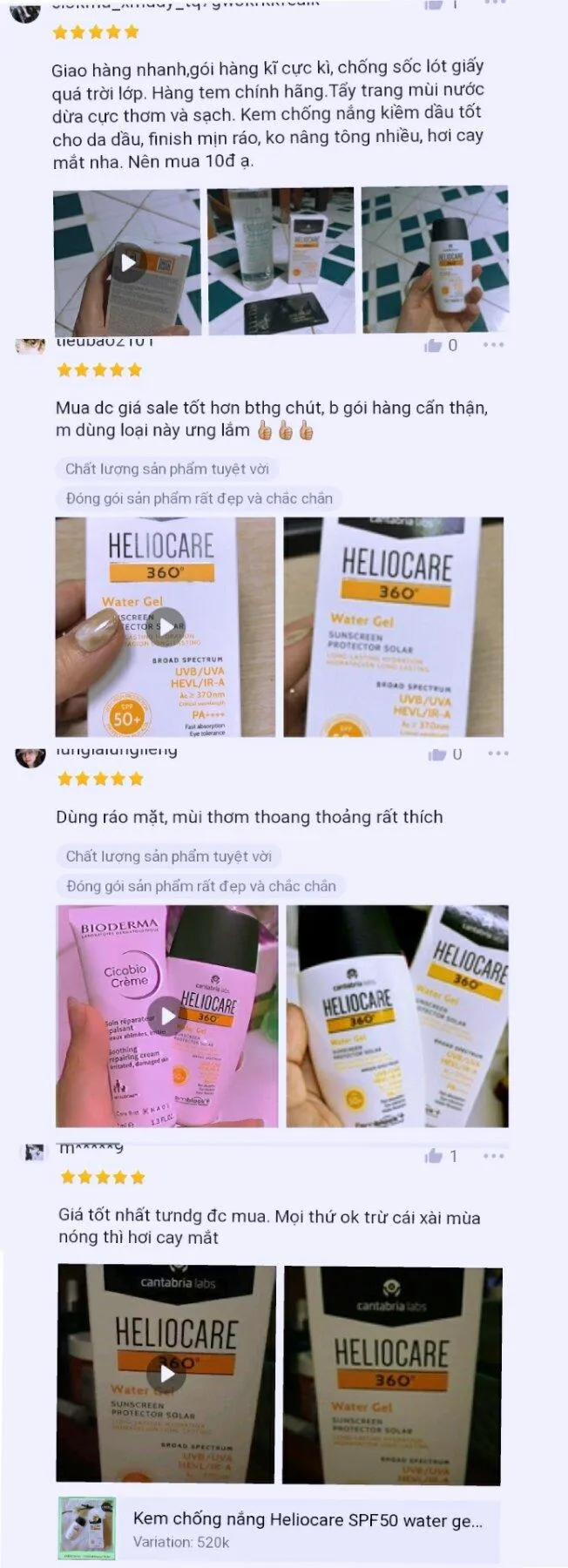 Một vài đánh giá của khách hàng về kem chống nắng Heliocare 360 Water Gel (ảnh: BloAnChoi)