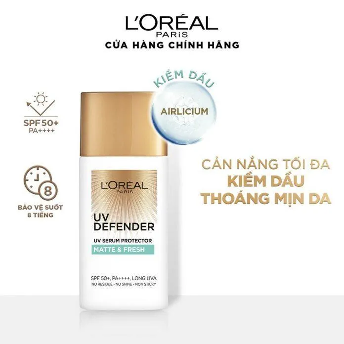 Kem chống nắng L’Oreal UV Defender Serum Protector Matte & Fresh giúp kiểm soát dầu nhờn và bã nhờn hiệu quả ( Nguồn: internet)