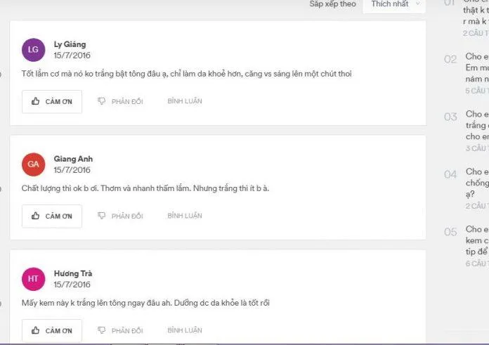 Đánh giá của khách hàng sử dụng sản phẩm trên trang Chamhoi (nguồn ảnh: Blogphunu.edu.vn). 