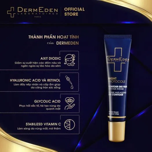 Bảng thành phần kem mắt DermEden Night Protocole Eye Contour được đầu tư thành phần giàu dưỡng chất có lợi nhất cho da (nguồn: internet)