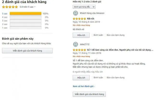 Đánh giá tích cực của khách hàng sử dụng sản phẩm trên trang Amazon (nguồn ảnh: Blogphunu.edu.vn).