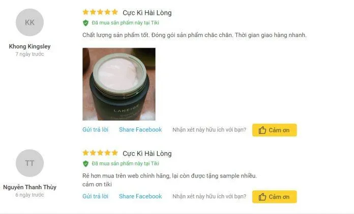 Đánh giá của khách hàng tại Tiki