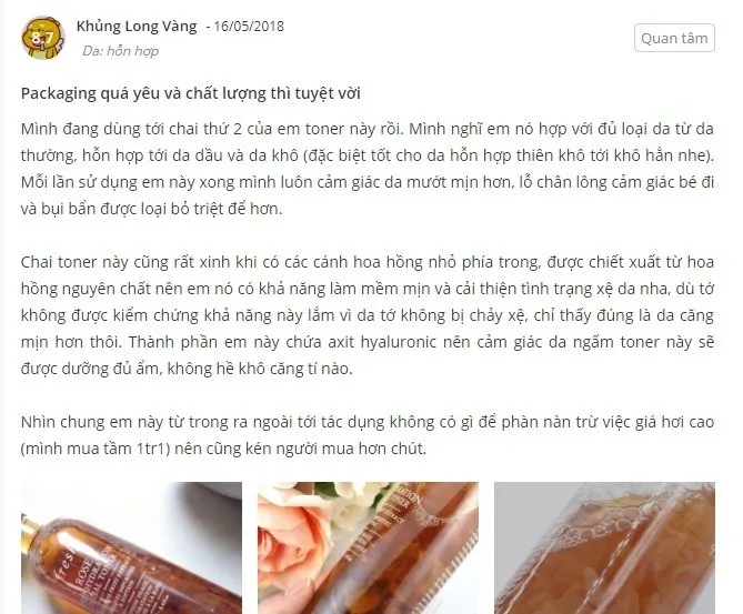 Đánh giá tuwg bạn Khủng Long Vàng dành cho Fresh Rose Deep Hydration Facial Toner