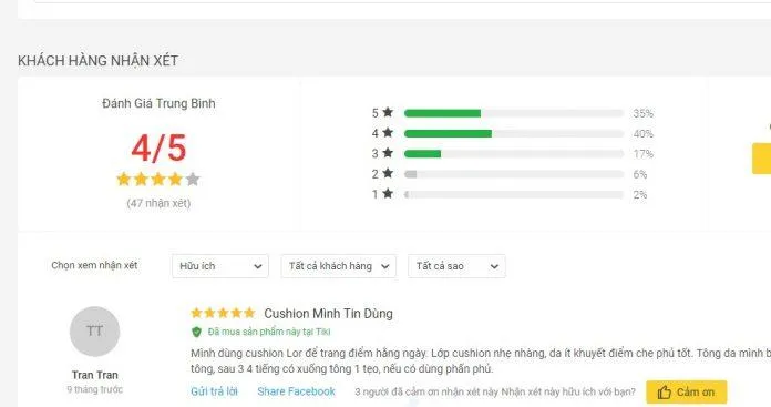 Điểm đánh giá trên trang Tiki (nguồn ảnh: Blogphunu.edu.vn).