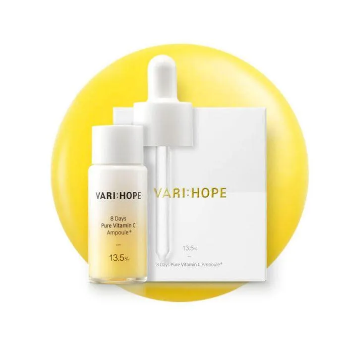 Bao bì của Vari:Hope 8 Days Pure Vitamin C Ampoule Plus có thiết kế nhỏ nhắn, tối giản, giúp đảm bảo chất lượng sản phẩm (Nguồn: Internet).