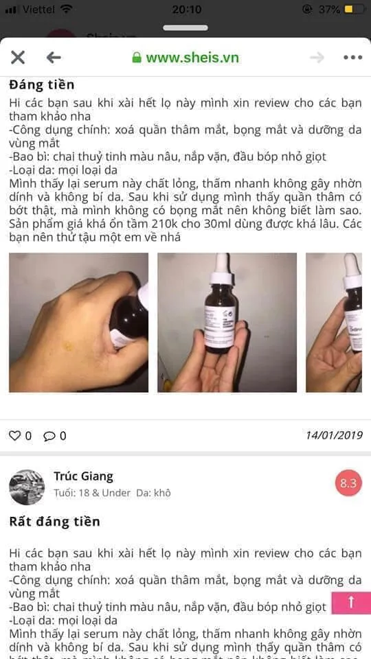 Đánh giá của khách hàng đã sử dụng serum trị thâm mắt The Ordinary Caffeine Solutions 5% + EGCG trên Sheis. (Nguồn: Blogphunu.edu.vn).