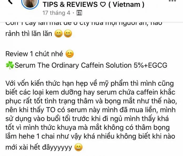 Đánh giá của khách hàng đã sử dụng serum trị thâm mắt The Ordinary Caffeine Solutions 5% + EGCG trên Facebook. (Nguồn: Blogphunu.edu.vn).