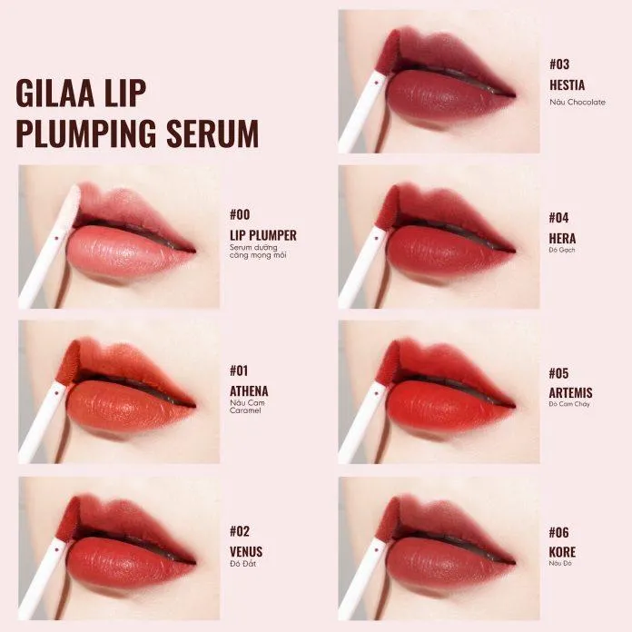 Bảng màu của son velvet tint Gilaa Plumping Lip Serum. (Nguồn: Internet)