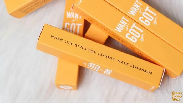 Vỏ giấy màu vàng tươi của son Lemonade Want It Got It Lip Cream. (nguồn: Internet)