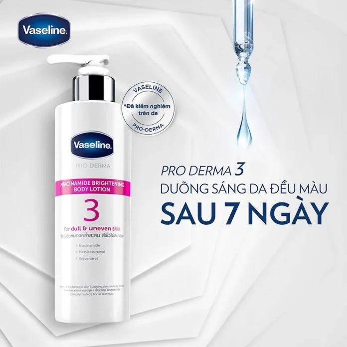 Sữa dưỡng thể Vaseline Pro Derma 3 Niacinamide 5% dưỡng da trắng sáng, đều màu (Ảnh; Internet)