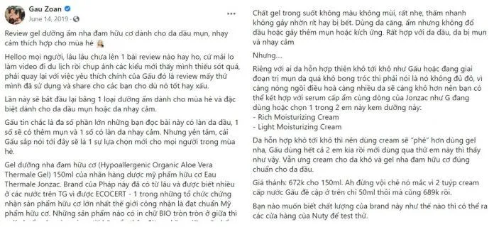 Đánh giá của beauty blogger Gấu Zoan. (Nguồn: Blogphunu.edu.vn)