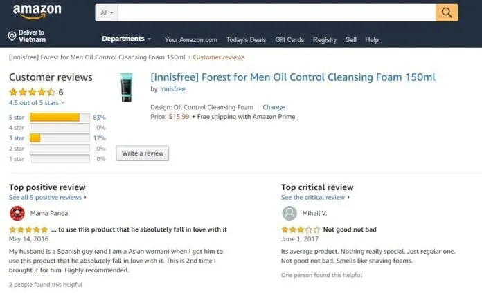 83% khách hàng trên Amazon chấm 5 sao cho Innisfree Forest for Men Oil Control Cleansing Foam. (ảnh: Blogphunu.edu.vn)