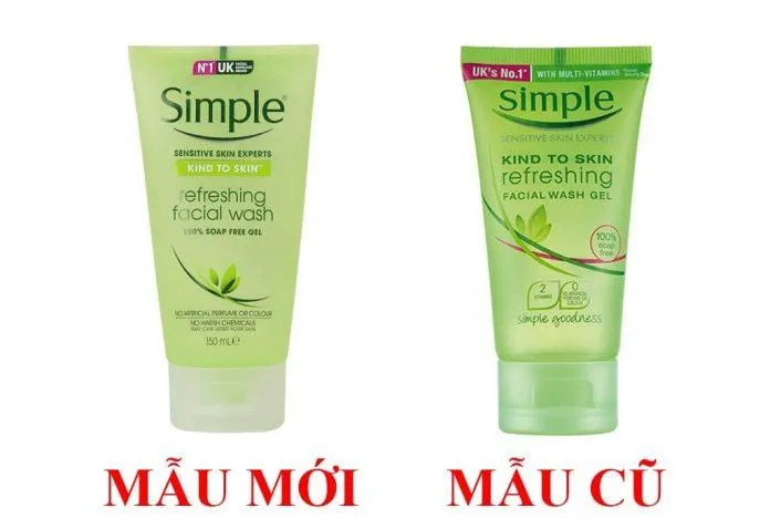 Tham khảo mẫu mới và mẫu cũ của sữa rửa mặt Simple Kind To Skin Refreshing Facial Wash Gel (Ảnh: Internet)