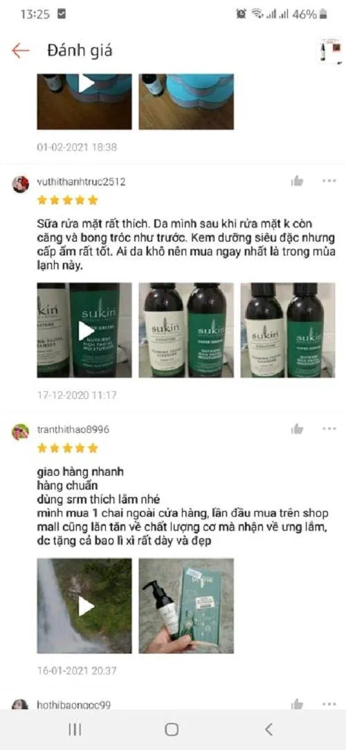 Đánh giá của khách hàng trên Shopee về sữa rửa mặt tạo bọt Sukin Signature Foaming Facial Cleanser (Ảnh: Blogphunu.edu.vn).