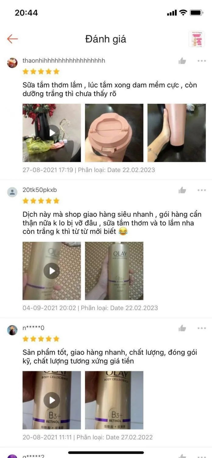 Đánh giá của khách hàng đã sử dụng sữa tắm trắng da Olay B3+Retinol trên Shopee.