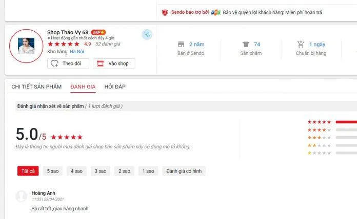 Đánh giá cao của khách hàng về sản phẩm trên trang Sendo (ảnh: Blogphunu.edu.vn).