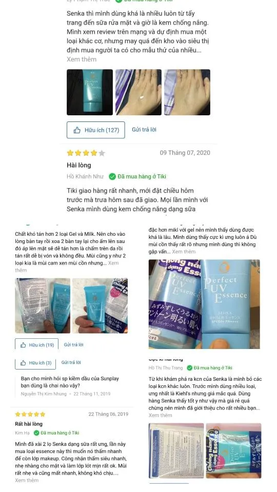 Khách hàng phản hồi tích cực về kem chống nắng Senka Perfect UV Essence. ( Nguồn: internet)