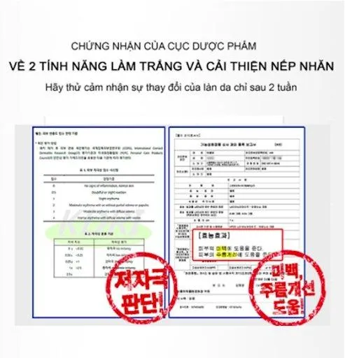 Sản phẩm đã được cấp chứng nhận về khả năng làm trắng và cải thiện nếp nhăn. (Nguồn: Internet)