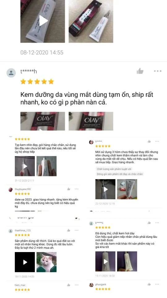 Đánh giá khách hàng trên Shopee sau khi dùng Olay Regenerist tinh chất Vi Dưỡng Vùng Mắt ( Nguồn: Internet)