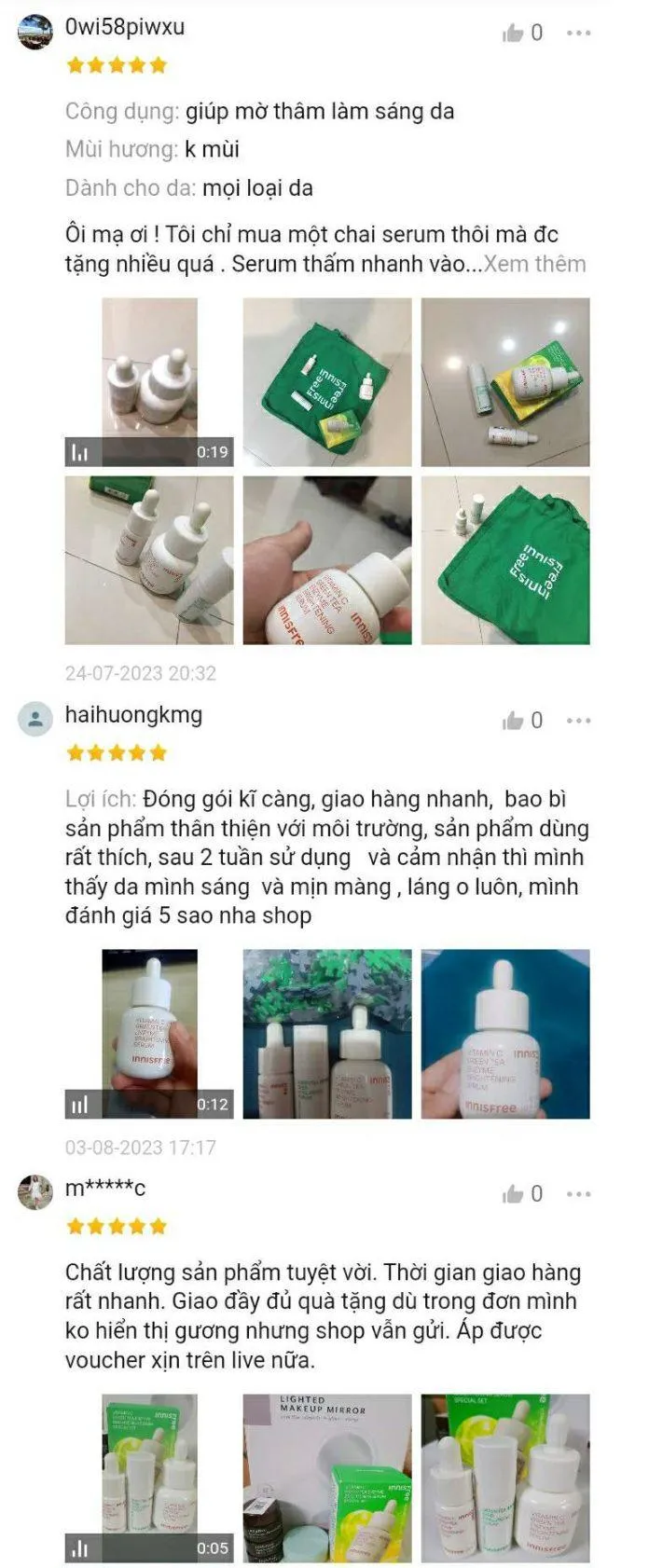 Đánh giá, review của khách hàng trên Shopee (Ảnh: innisfree)