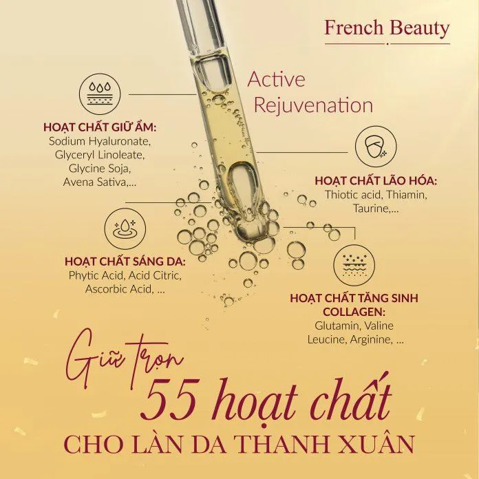 Tinh chất French Beauty Active Rejuvenation chưa đến 55 hoạt chất giúp nuôi dưỡng làn da tươi trẻ (Nguồn: Internet).