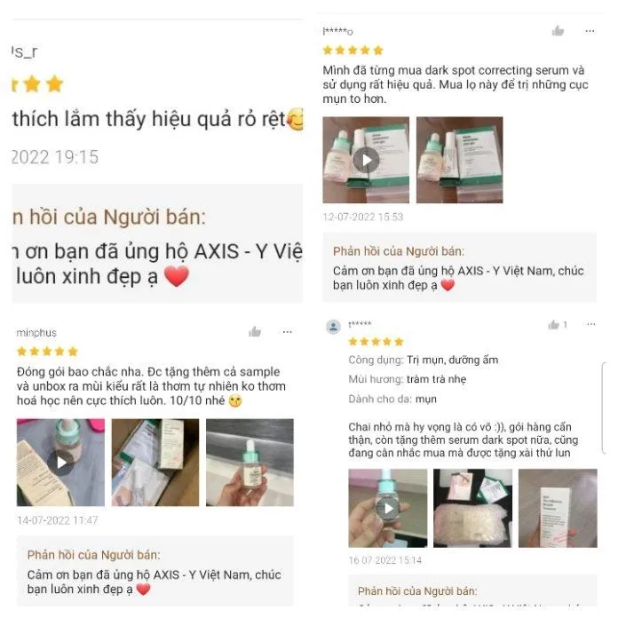 Đánh giá khách hàng trên Shopee sau khi sử dụng tinh chất AXIS - Y Spot Difference Blemish Treatment (nguồn: internet)