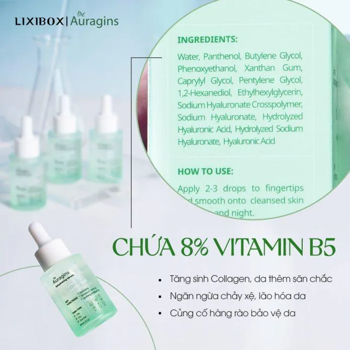 Tinh chất serum The Auragins có chứa 8% vitamin B5 cùng Hyaluronic Acid có tác dụng dưỡng ẩm sâu và phục hồi da hiệu quả (nguồn: internet)