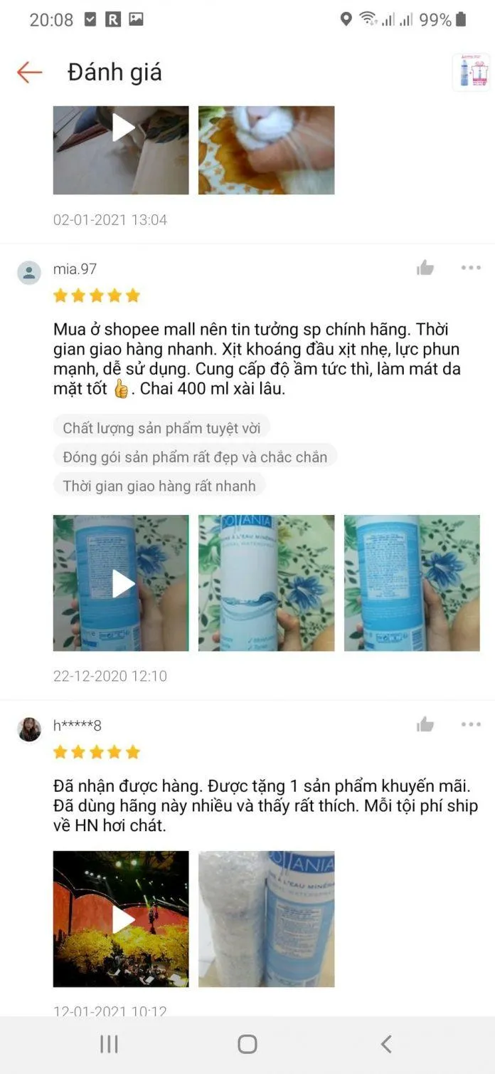 Đánh giá trên Shopee về xịt khoáng Dollania Mineral Water Spray (Ảnh: Blogphunu.edu.vn).