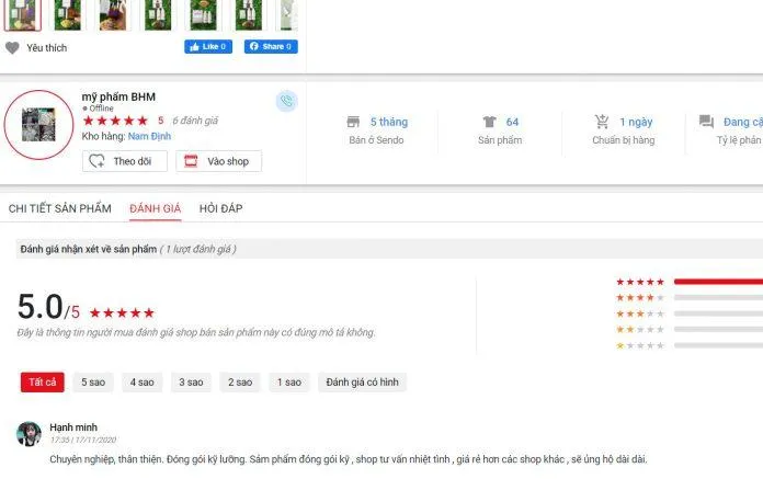 Đánh giá của khách hàng về sản phẩm trên trang Sendo (ảnh: Blogphunu.edu.vn).