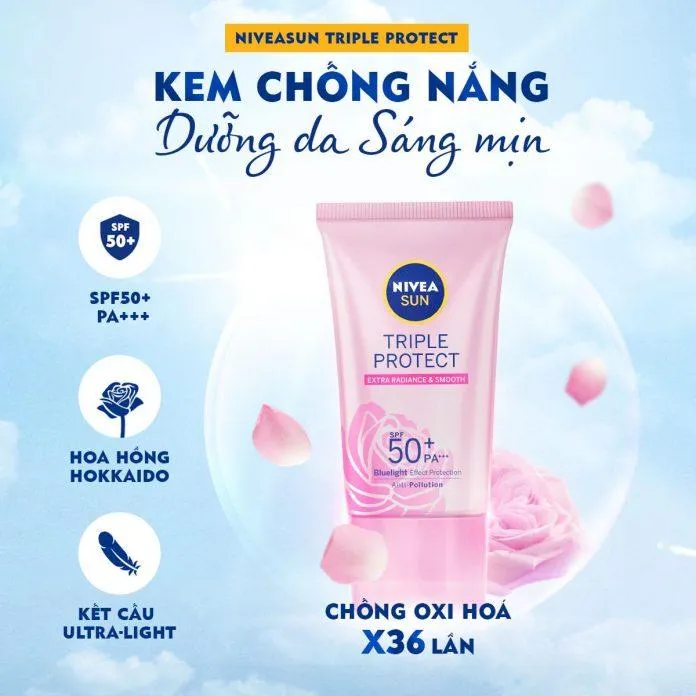 Kem chống nắng Nivea Sun Triple Protect Extra Radiance And Smooth tăng cường khả năng chống oxy hóa gấp 36 lần thông thường ( Nguồn: internet)