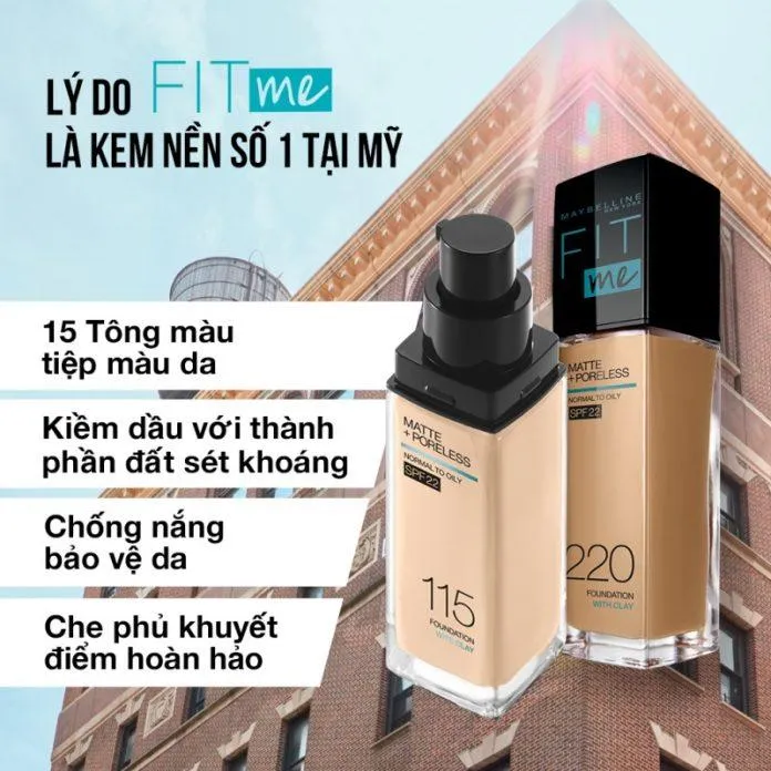 Công dụng của kem nền mịn nhẹ, kiềm dầu, chống nắng Maybelline Fit Me Matte Poreless Foundation SPF 22. (ảnh: internet)