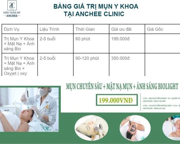 Bảng giá tham khảo các dịch vụ tại Viện Thẩm Mỹ Anchee Clinic (ảnh: Viện Thẩm Mỹ Anchee Clinic)