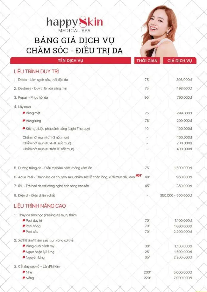 Bảng giá tham khảo các dịch vụ tại Happy Skin Beauty Clinic (ảnh: Happy Skin Beauty Clinic)