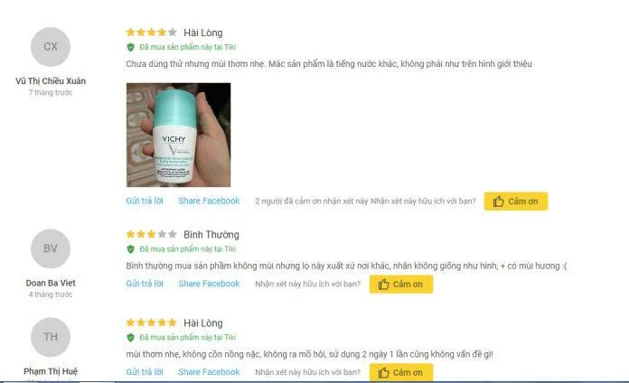 Review đánh giá của khách hàng sử dụng lăn khử mùi vùng da cánh Vichy tại Tiki. (Ảnh: Blogphunu.edu.vn)