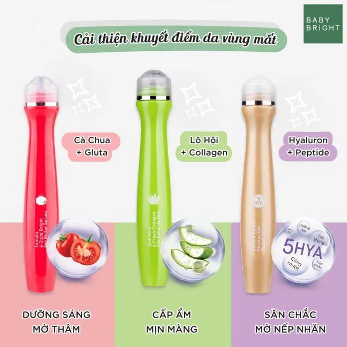 Cây lăn mắt Baby Bright Eye Roller Serum gồm 3 thanh lăn với những tone màu tươi sáng có công thức đặc biệt dành riêng cho từng vùng da mắt cụ thể (Nguồn: internet)