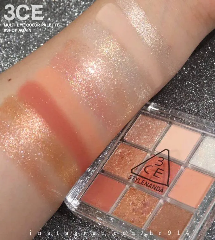 Swatch trên tay các màu bảng phấn mắt 3CE Multi Eye Color Palette Clear Layer Edition - Màu Shot Again. (nguồn: internet)