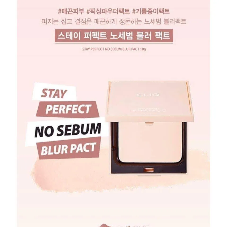 Phấn Phủ Dạng Nén Clio Stay Perfect No Sebum Blur Pact có khả năng kiềm dầu tuyệt đối, đem lại lớp nền khô thoáng cả ngày (Ảnh: internet)